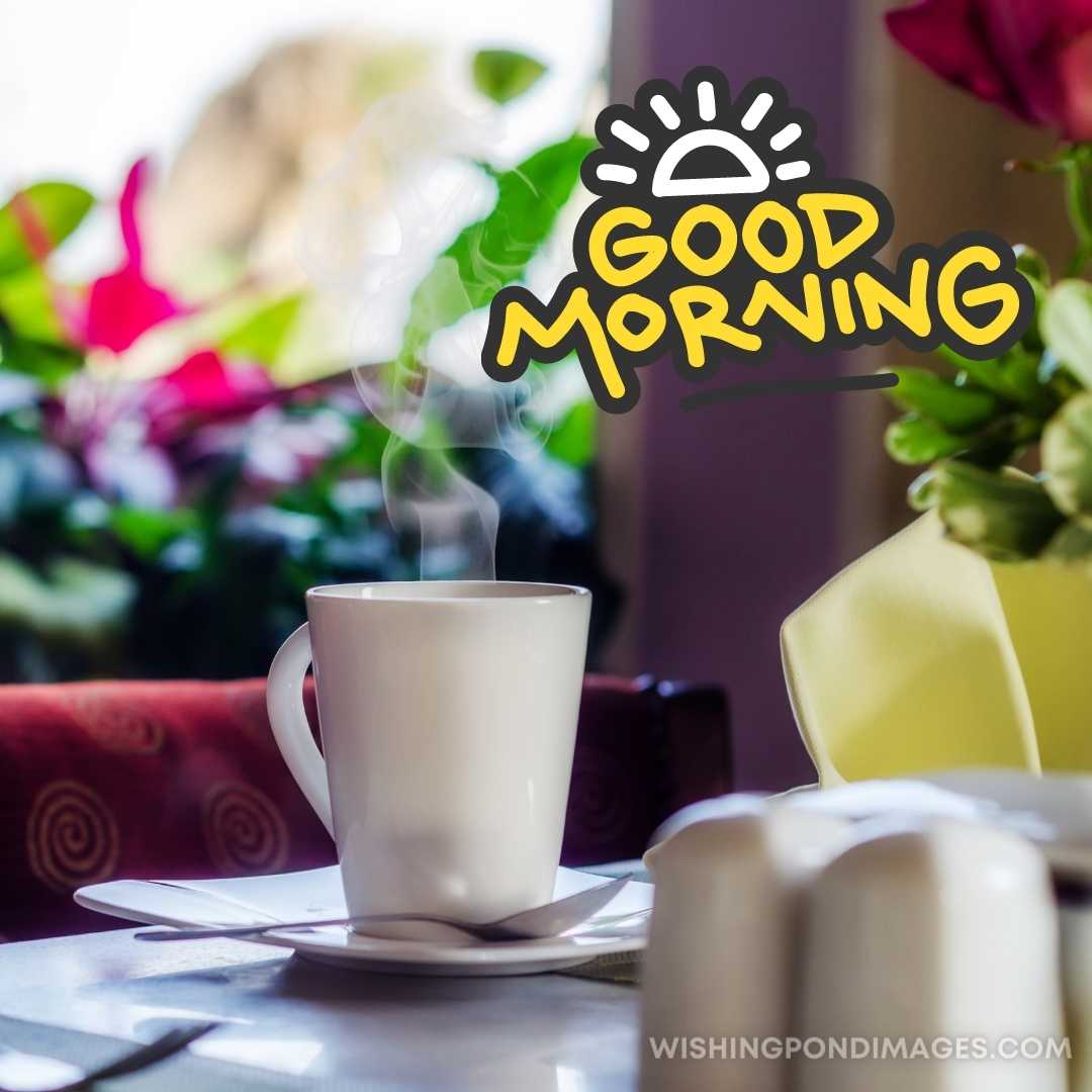 A cup of coffee on the table in the Caffe. Good Morning Coffee Images